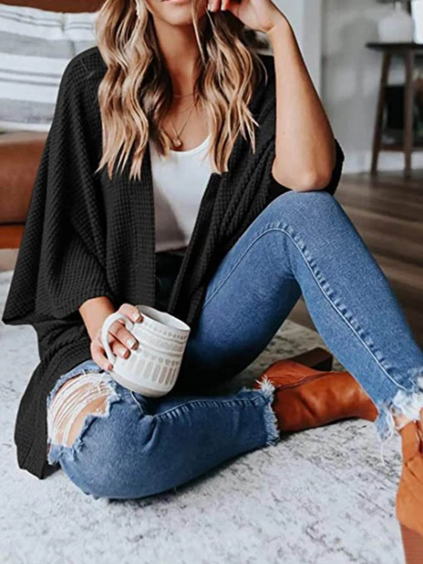 Full Size Open Front Waffle Knit Cardigan Plus Size - IntuitiveEncBoutique