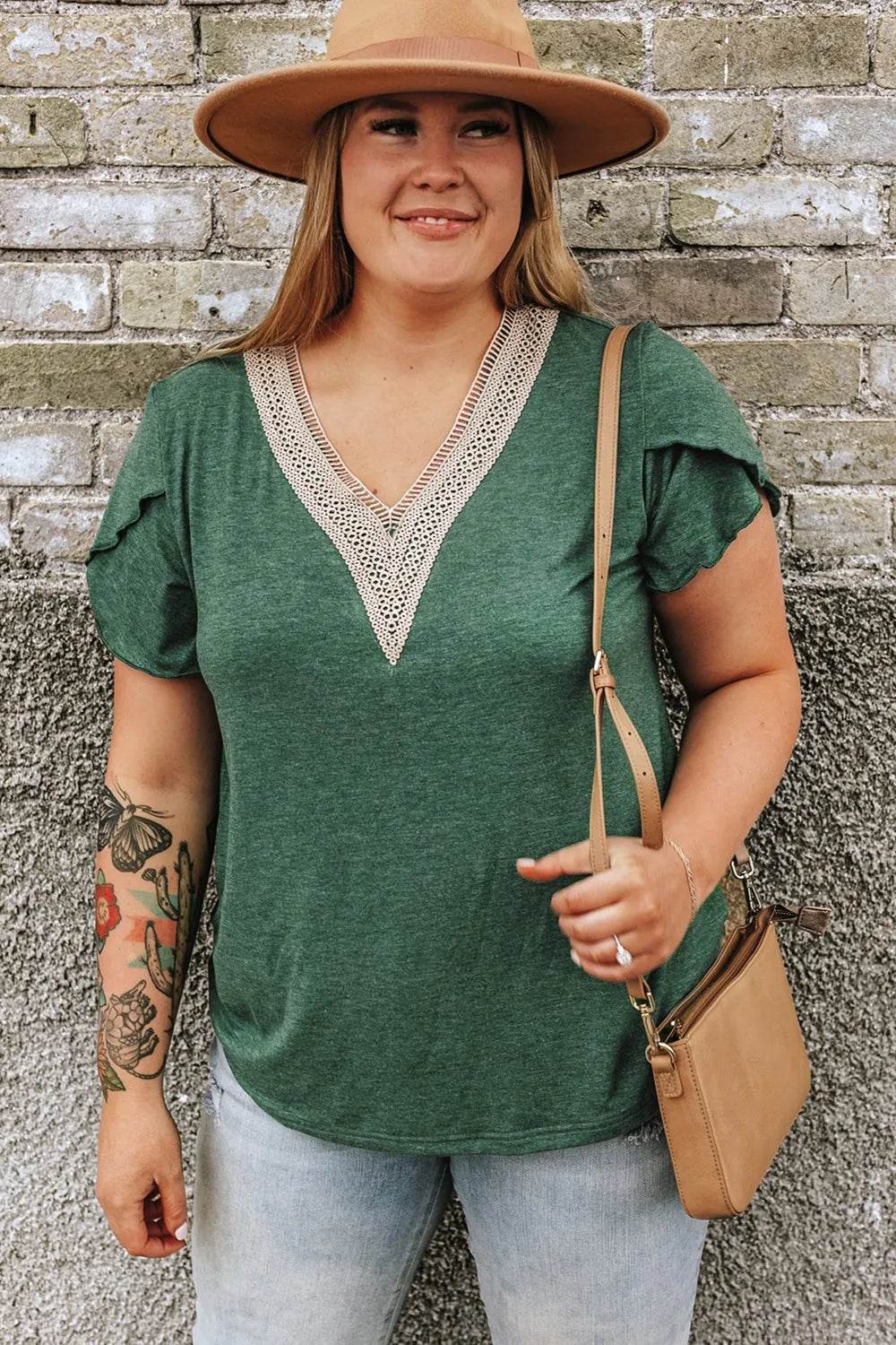 Plus Size V-Neck Petal Sleeve Blouse - IntuitiveEncBoutique