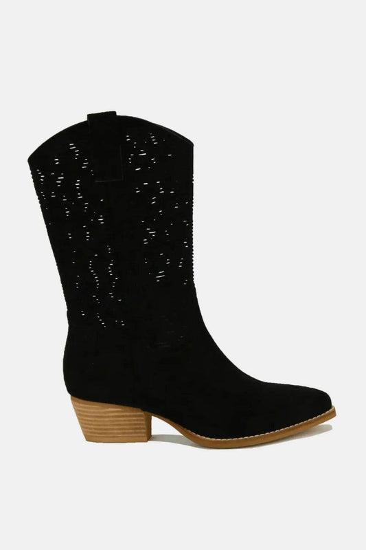 Beast Fashion Faux Suede Laser Cut Detail Block Heel Boots - IntuitiveEncBoutique
