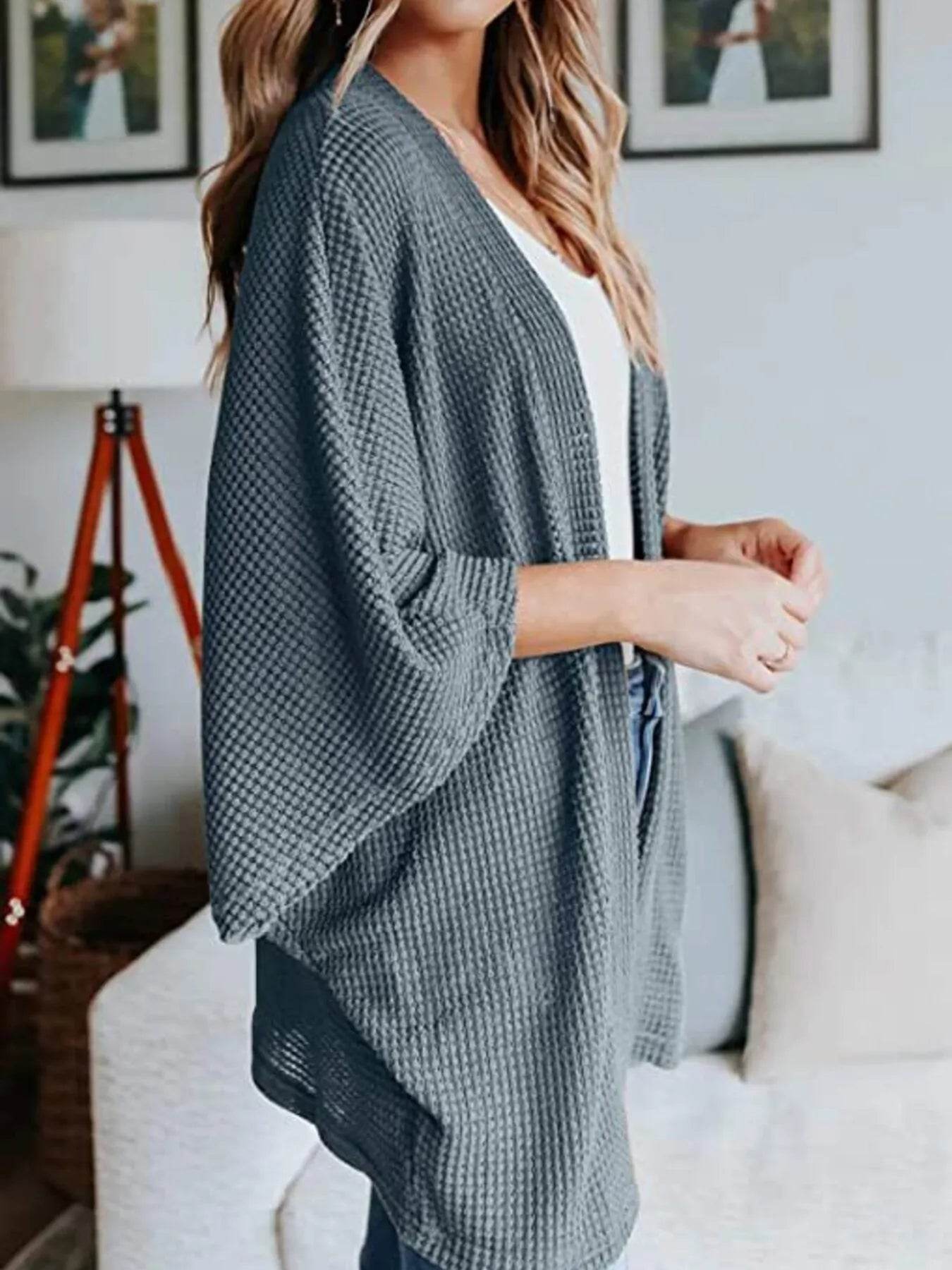 Full Size Open Front Waffle Knit Cardigan Plus Size - IntuitiveEncBoutique