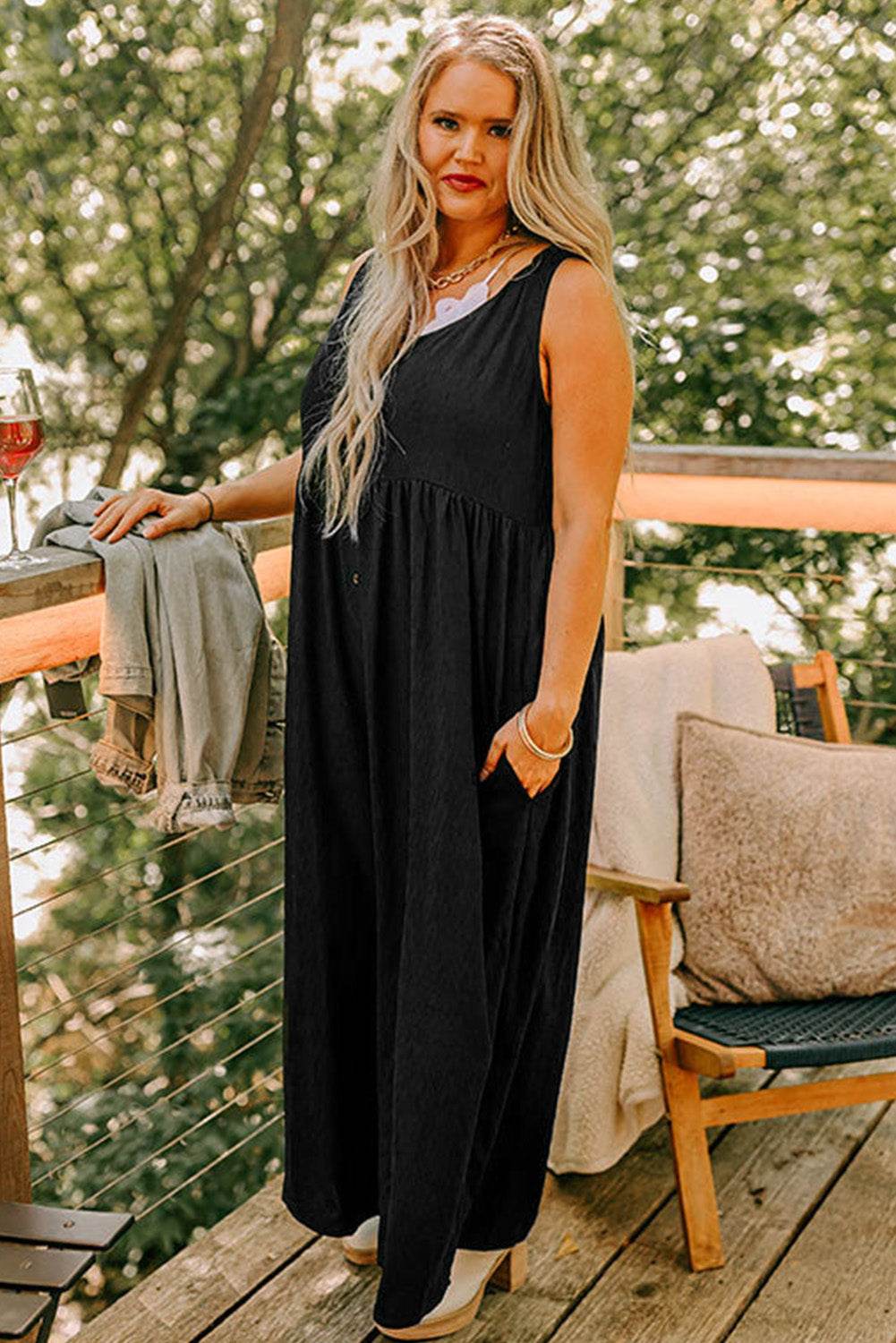 Black Plus Size Sleeveless Button Front Loose Jumpsuit - IntuitiveEncBoutique