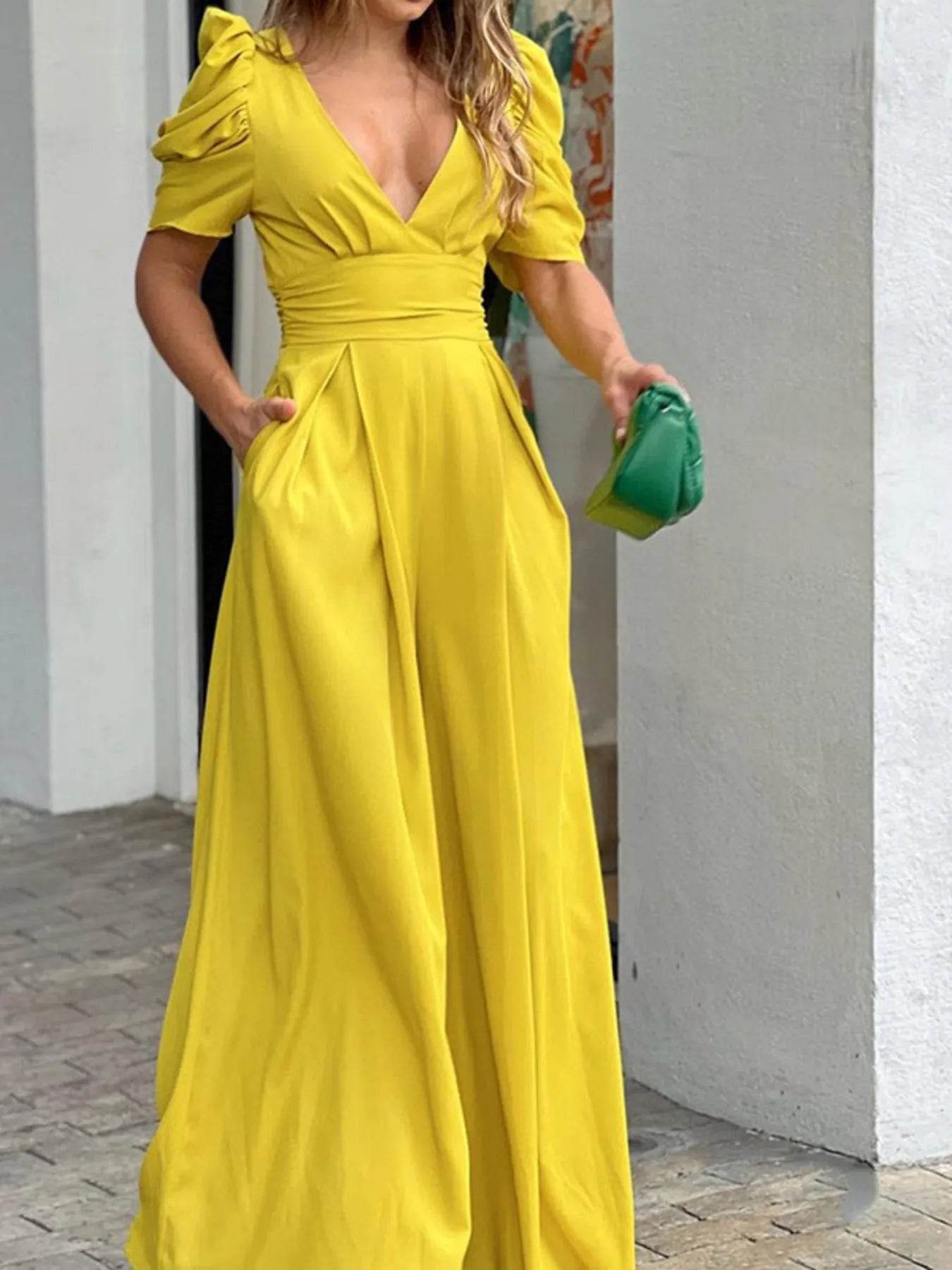 Full Size Cutout V-Neck Puff Sleeve Jumpsuit Plus Size - IntuitiveEncBoutique