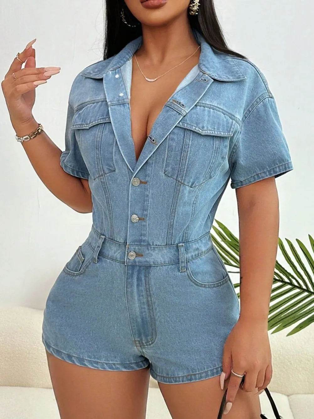 Collared Neck Short Sleeve Denim Romper - IntuitiveEncBoutique