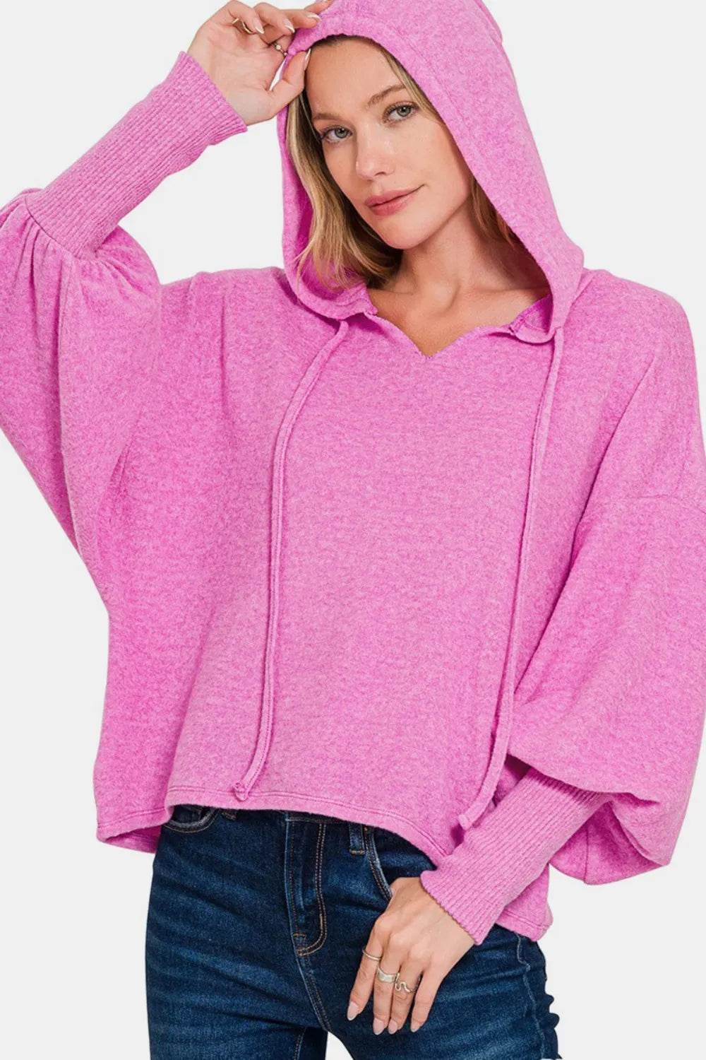 Zenana Brushed Hacci Drop Shoulder Cropped Hoodie - IntuitiveEncBoutique