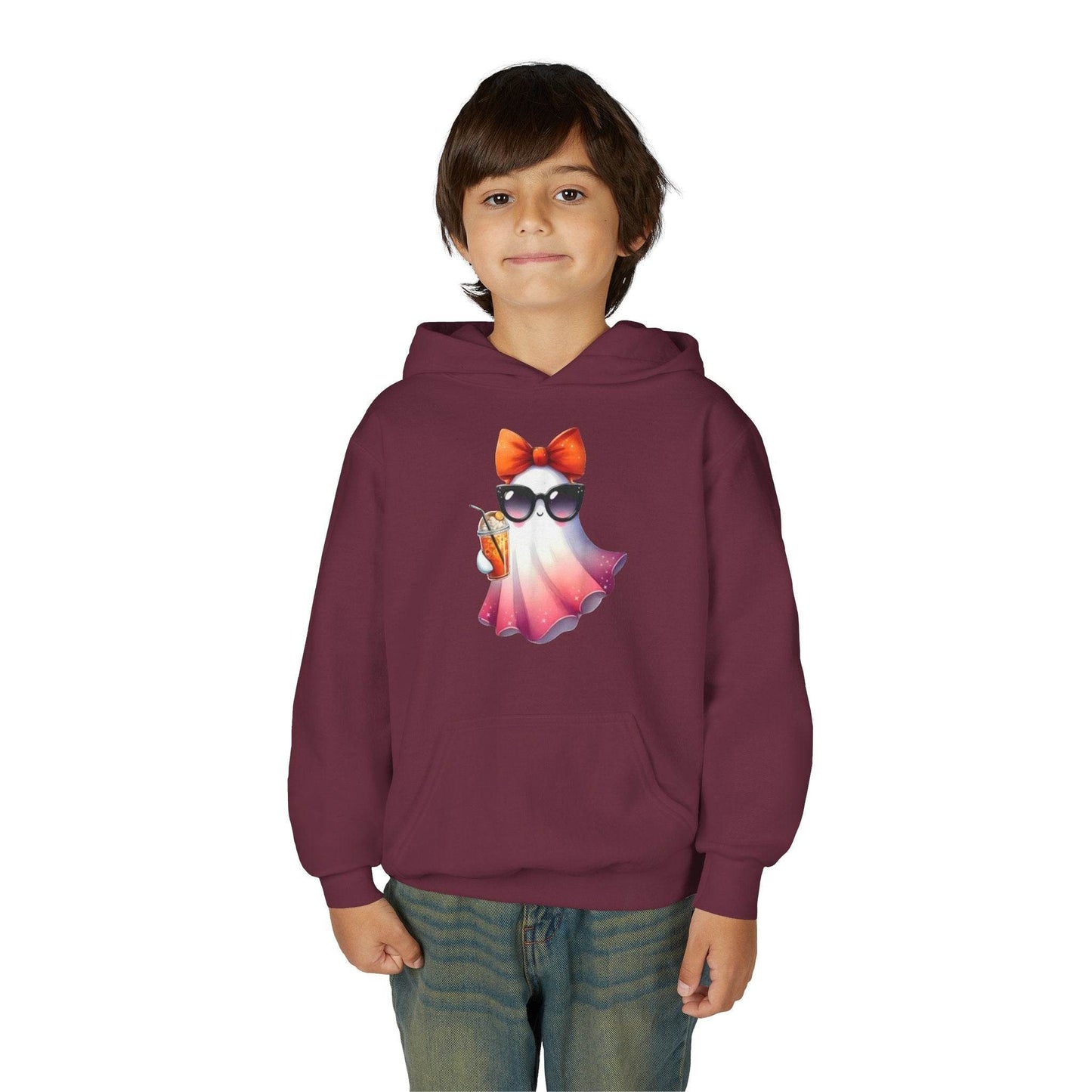 Youth Ghostly Glam Hoodie, Cute Ghost Design Sweatshirt, Halloween Apparel, Halloween Costume, Kids Hooded Sweatshirt - IntuitiveEncBoutique