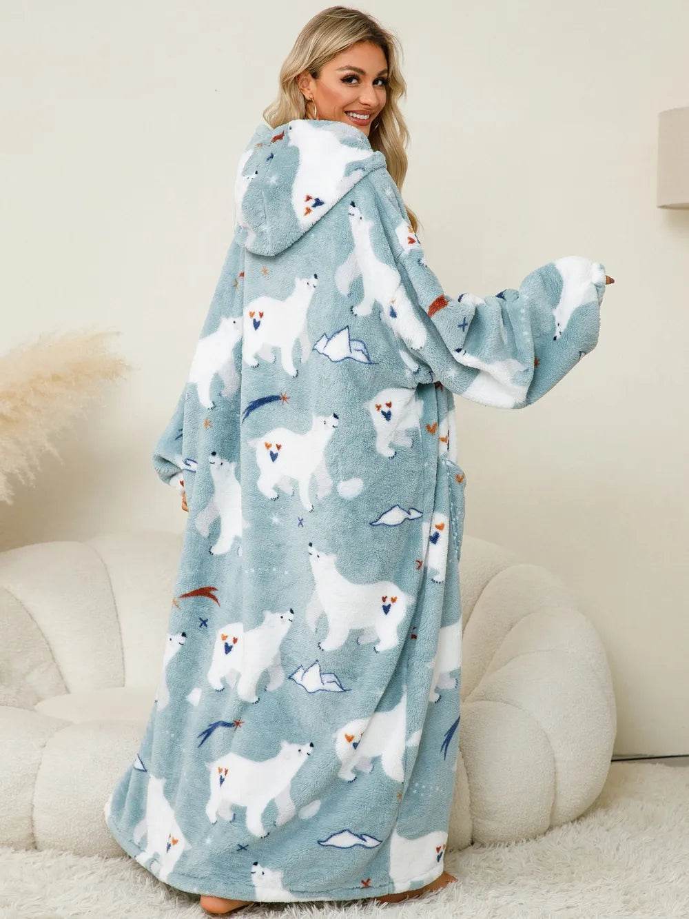 Fuzzy Pocketed Long Sleeve Hooded Lounge Dress - IntuitiveEncBoutique