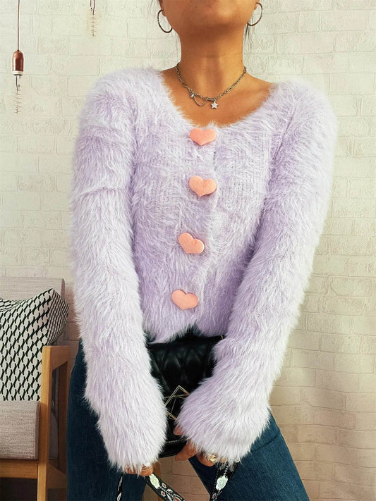 Fuzzy Heart Shape Button-Up Cardigan - IntuitiveEncBoutique