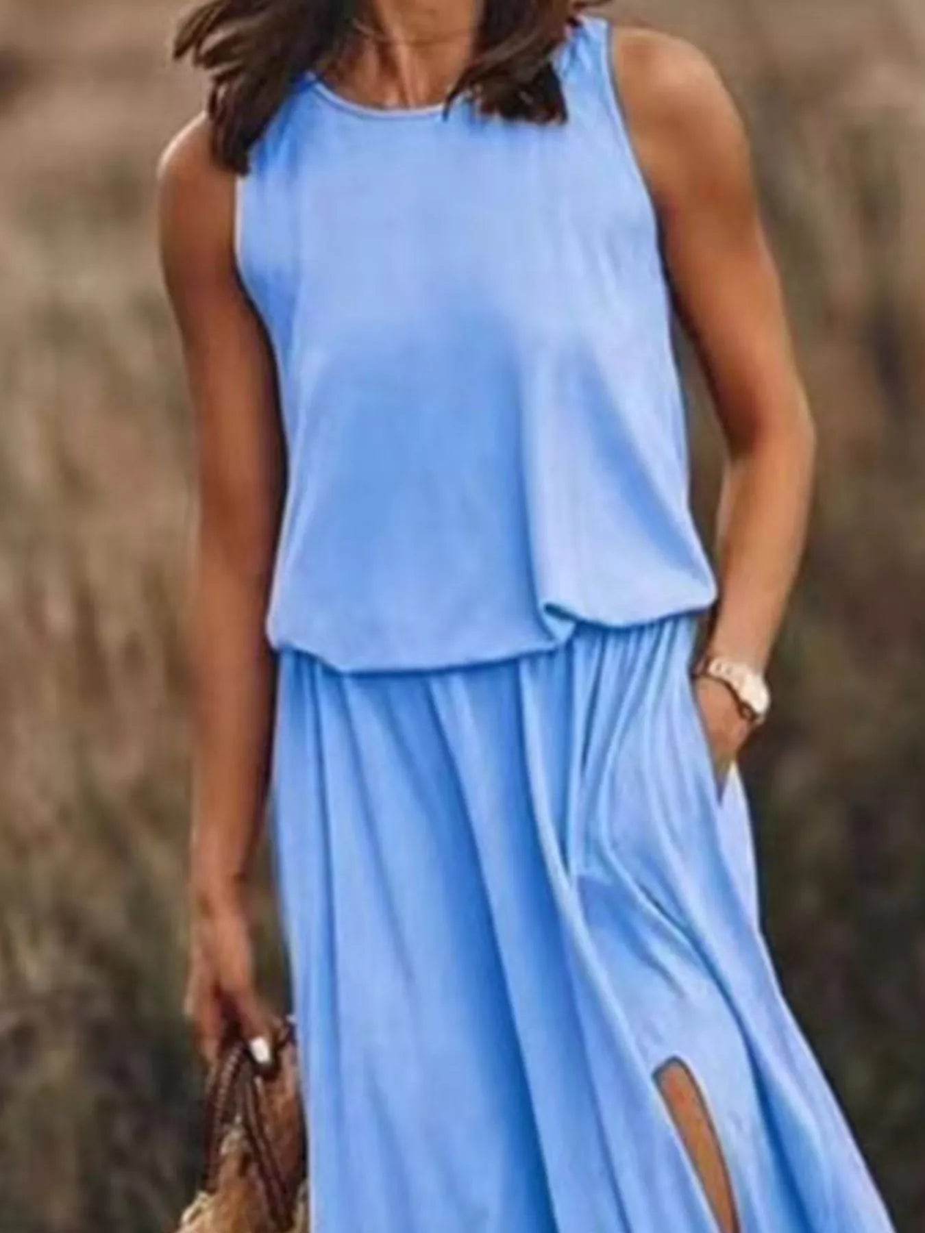 Full Size Round Neck Sleeveless Slit Maxi Dress Plus Size - IntuitiveEncBoutique