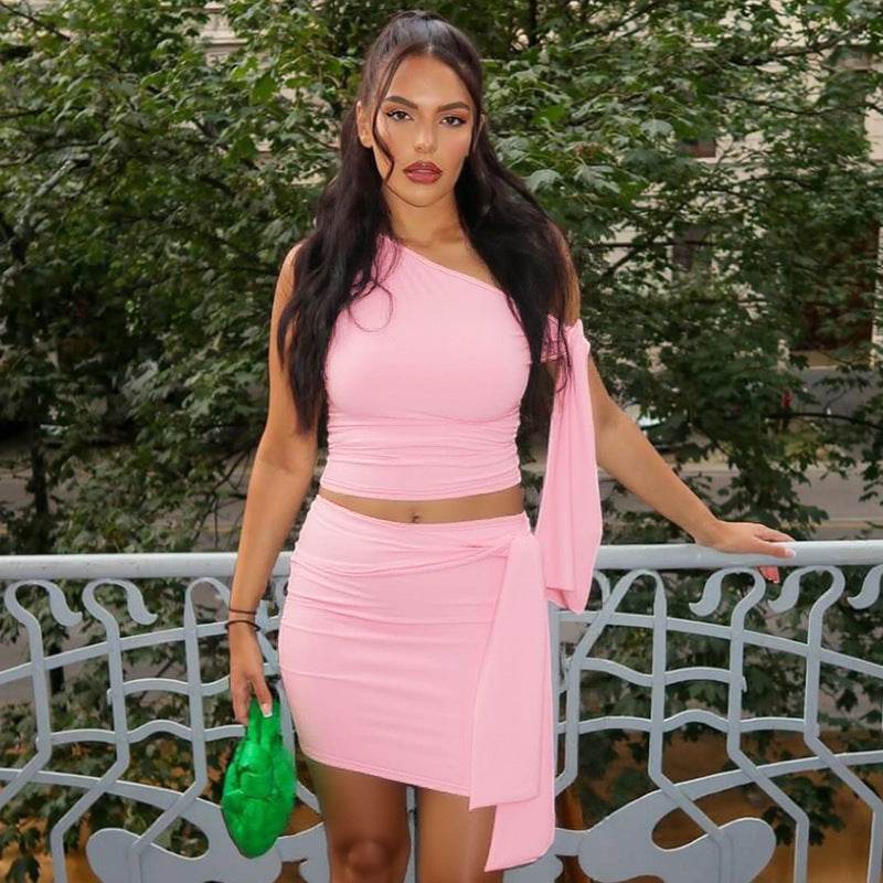 Women's Oblique Collar Tied Top with Fitted Pleated Skirt Set - IntuitiveEncBoutique