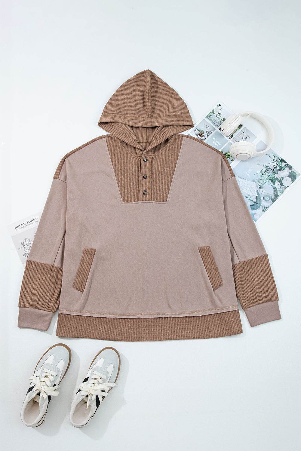 Goat Waffle Contrast Patchwork Plus Size Pocketed Hoodie - IntuitiveEncBoutique