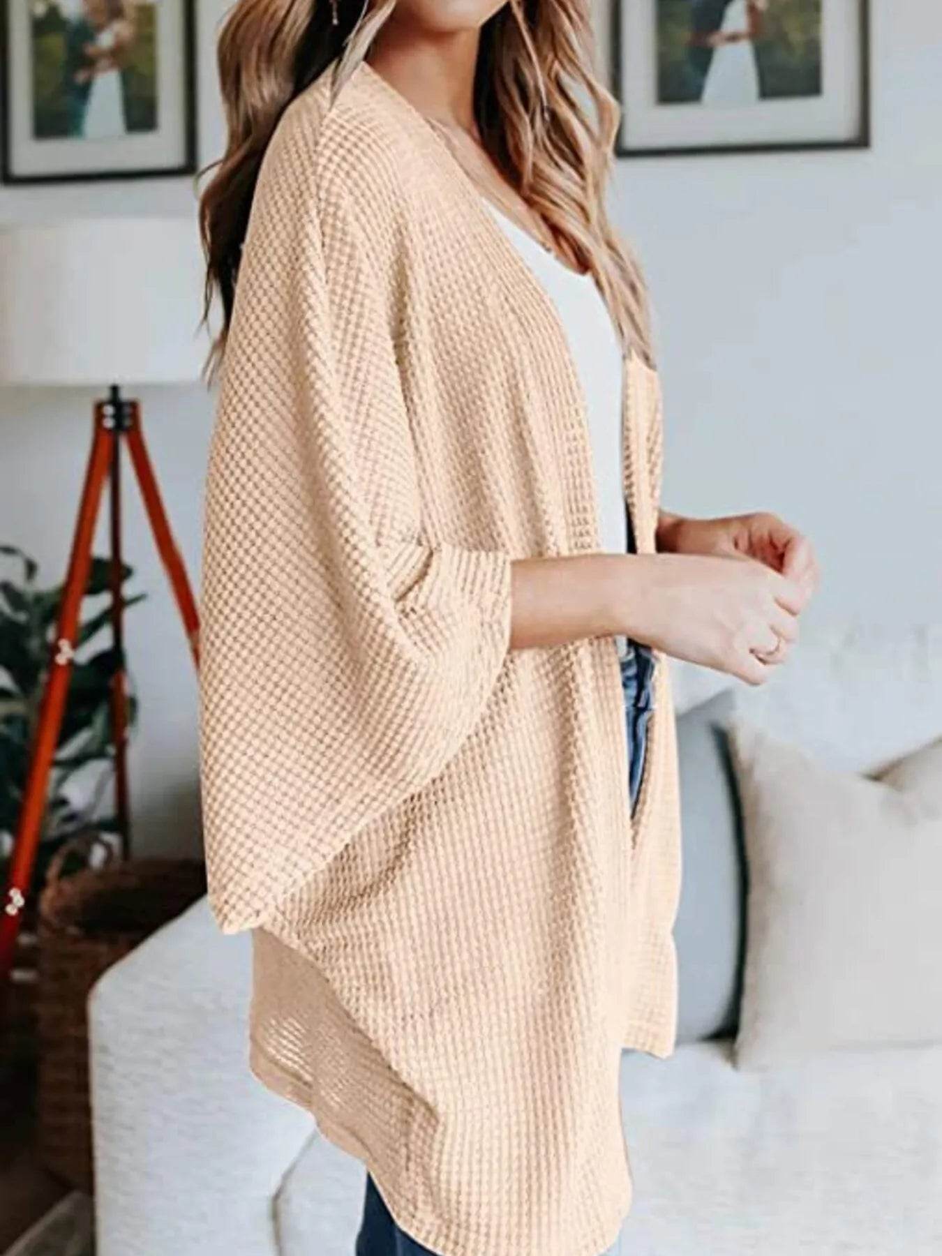 Full Size Open Front Waffle Knit Cardigan Plus Size - IntuitiveEncBoutique