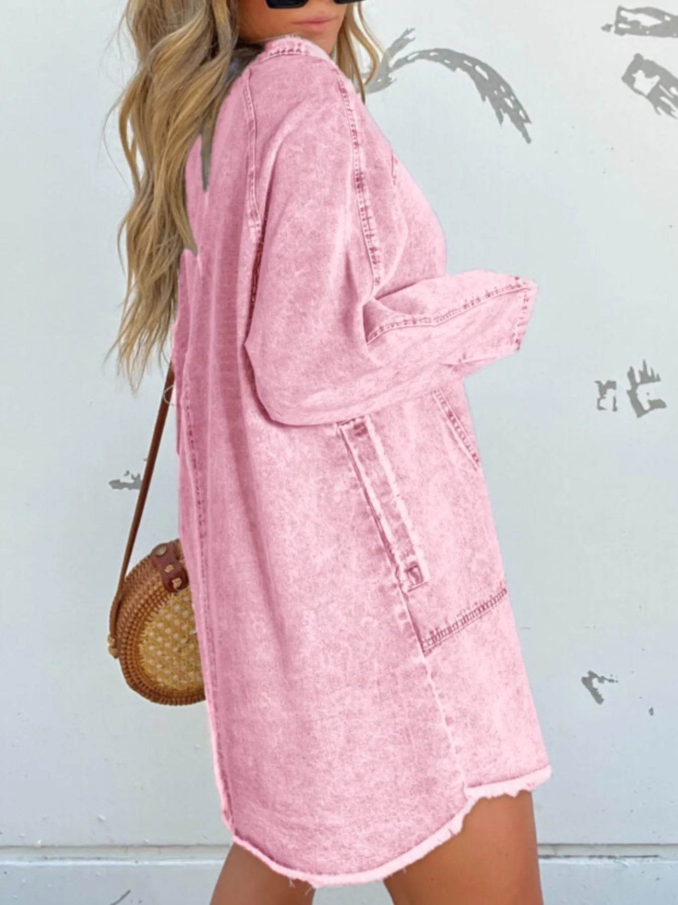 Full Size Button-Front Long Sleeve Denim Shirt Dress Plus Size - IntuitiveEncBoutique