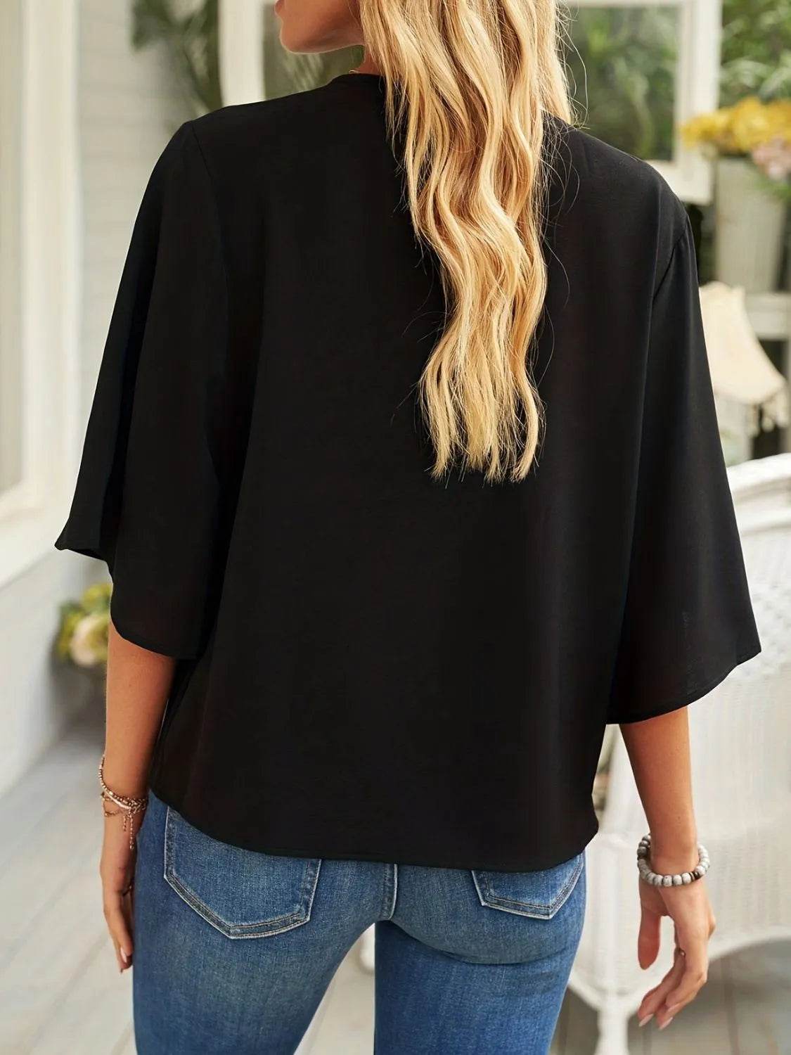 Full Size Ruched Three-Quarter Sleeve Blouse Plus Size - IntuitiveEncBoutique