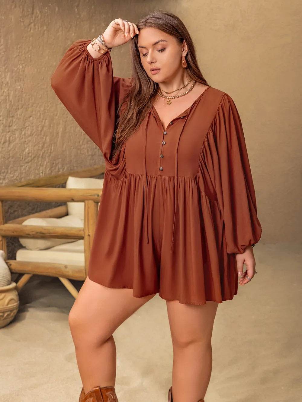 Plus Size Ruched Tie Neck Balloon Sleeve Romper - IntuitiveEncBoutique