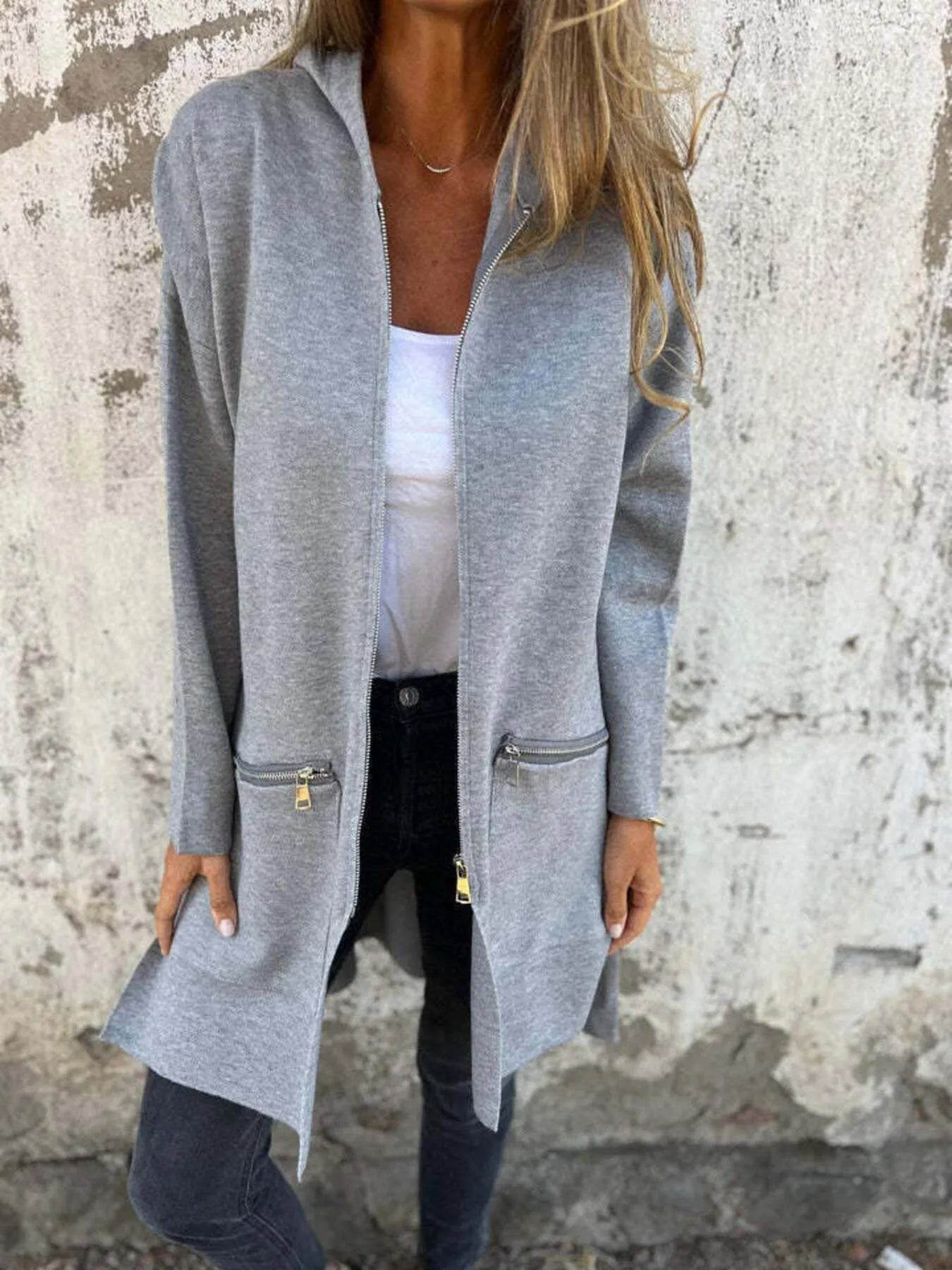 Full Size Zip Up Long Sleeve Hooded Outerwear Plus Size - IntuitiveEncBoutique