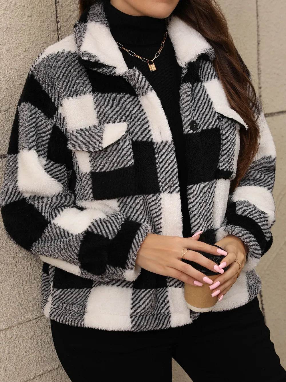 Plus Size Pocketed Plaid Collared Neck Jacket - IntuitiveEncBoutique