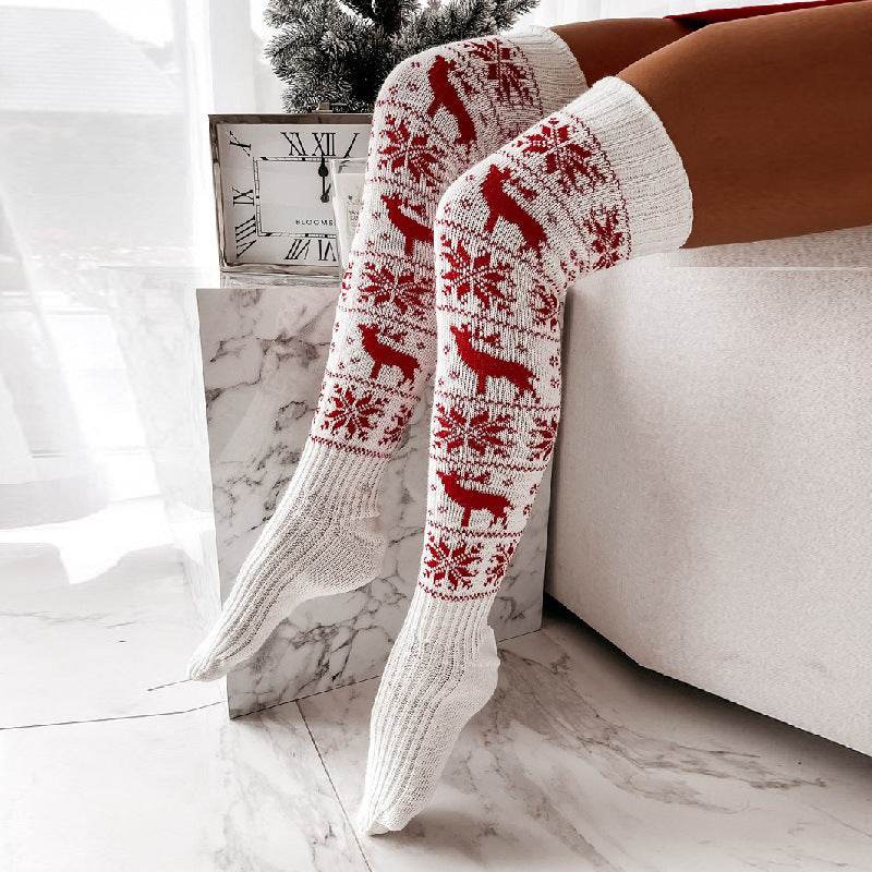 Christmas elk snowflake knitted woolen stockings for women long over knee pile socks stockings - IntuitiveEncBoutique