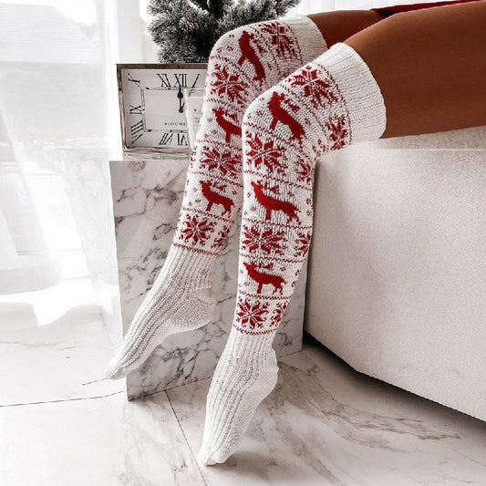 Christmas elk snowflake knitted woolen stockings for women long over knee pile socks stockings - IntuitiveEncBoutique