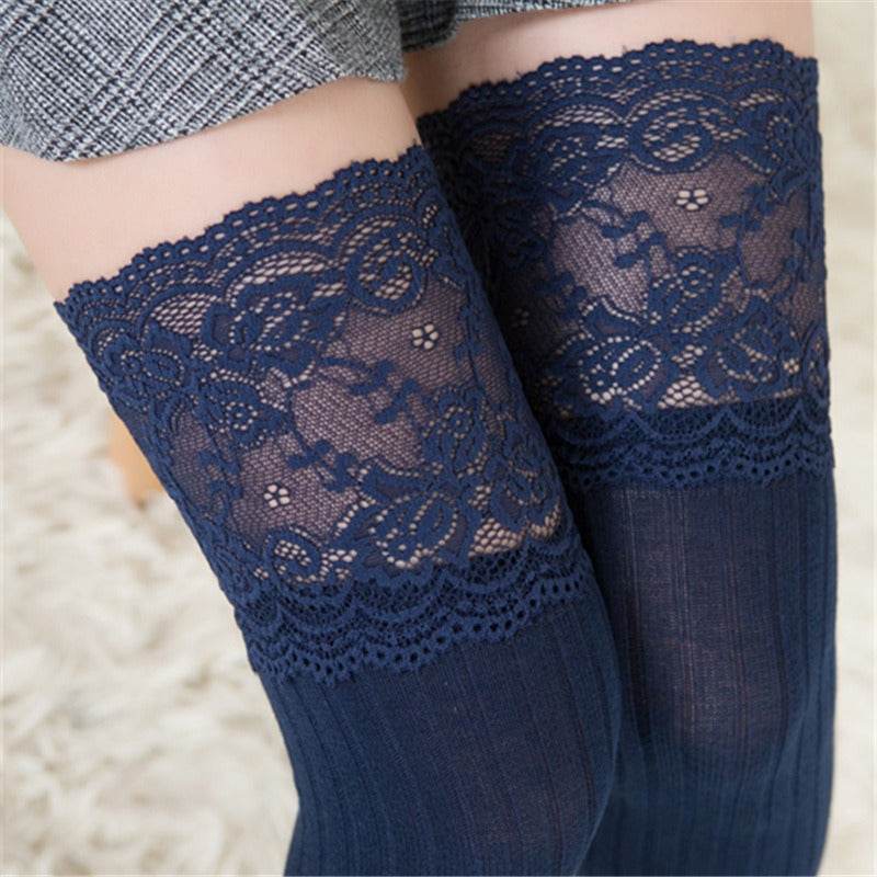 Japanese and Korean New Lace Knee Socks Spring and Autumn Cotton Vertical Stripe Stockings Non slip High thigh Stockings - IntuitiveEncBoutique