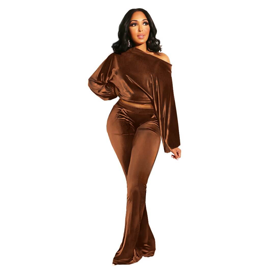 Autumn and Winter Women's Suit Pants Nightclub Sexy T-shirt Flannelette One Shoulder Slim Fit Elegant Women's 2-piece Set - IntuitiveEncBoutique