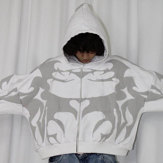 Irregular Letter Foaming Loose Street Trend Zipper Hooded Sweatshirt - IntuitiveEncBoutique