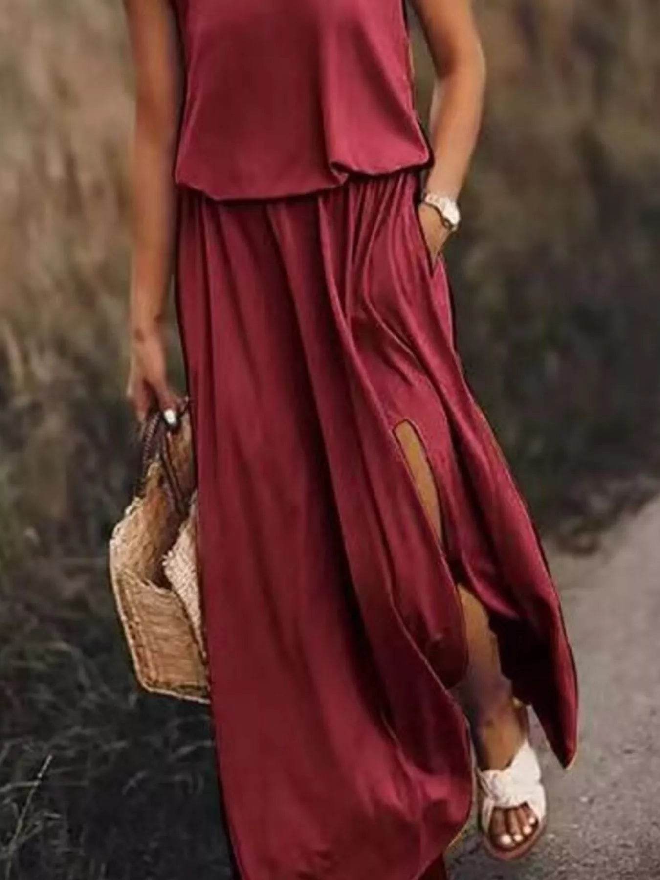 Full Size Round Neck Sleeveless Slit Maxi Dress Plus Size - IntuitiveEncBoutique