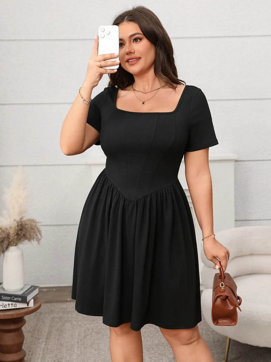 Plus Size Square Neck Short Sleeve Mini Dress - IntuitiveEncBoutique