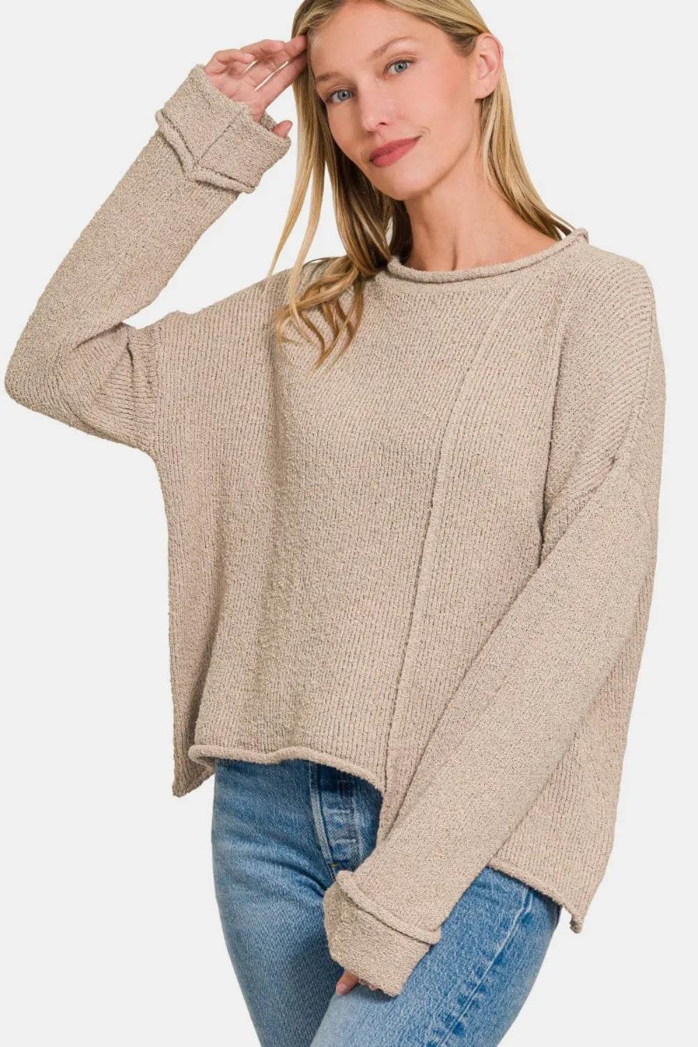 Zenana Asymmetric Hem Drop Shoulder Sweater - IntuitiveEncBoutique