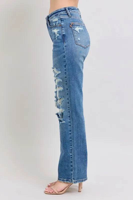 Judy Blue Full Size High Waist Heavy Destroy Straight Jeans Plus Size - IntuitiveEncBoutique