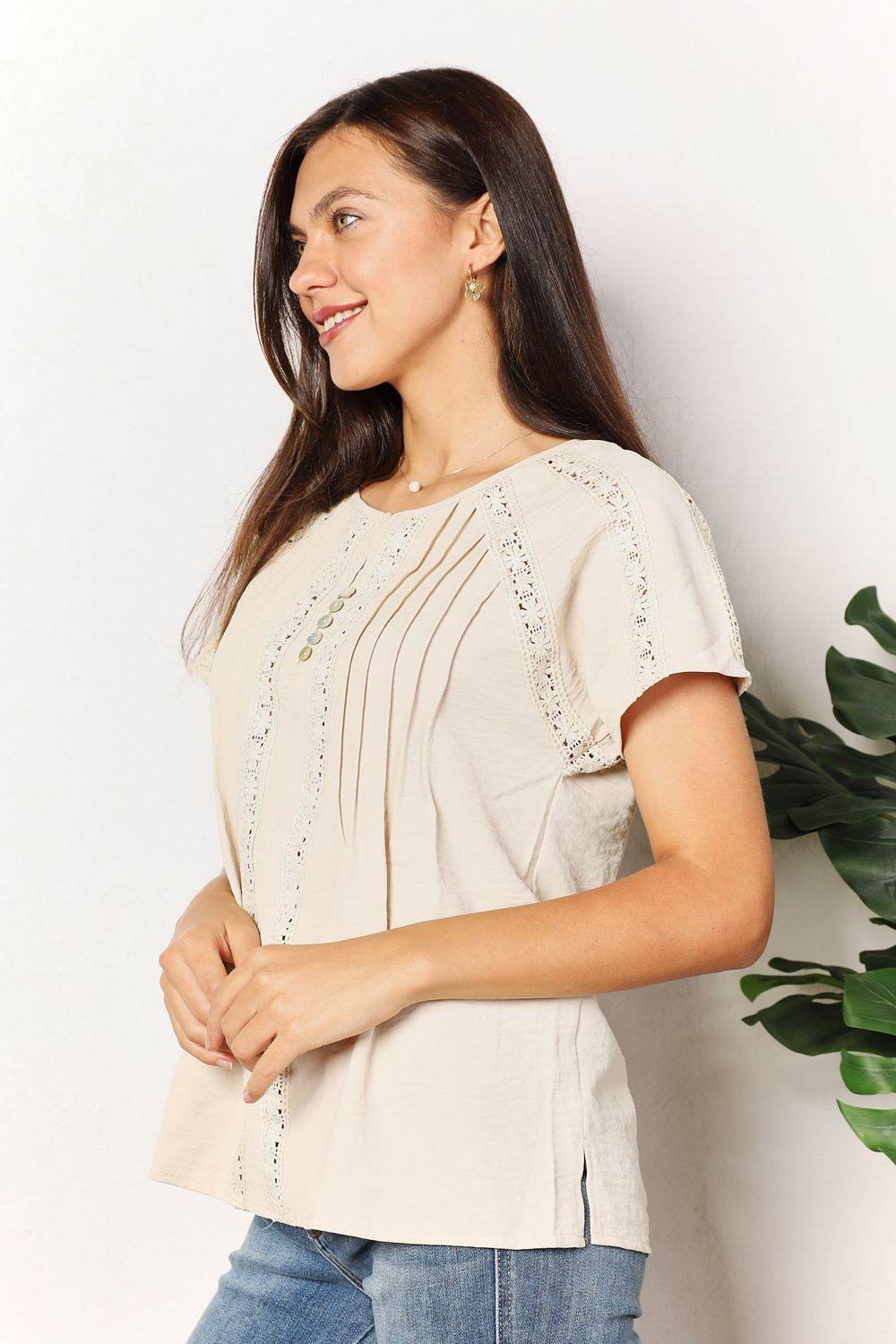 Double Take Crochet Buttoned Short Sleeves Top - IntuitiveEncBoutique