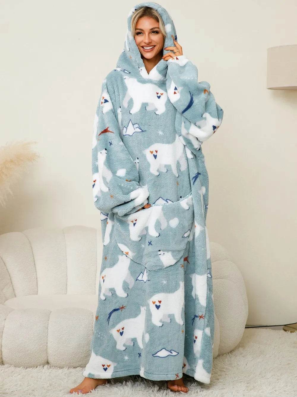 Fuzzy Pocketed Long Sleeve Hooded Lounge Dress - IntuitiveEncBoutique