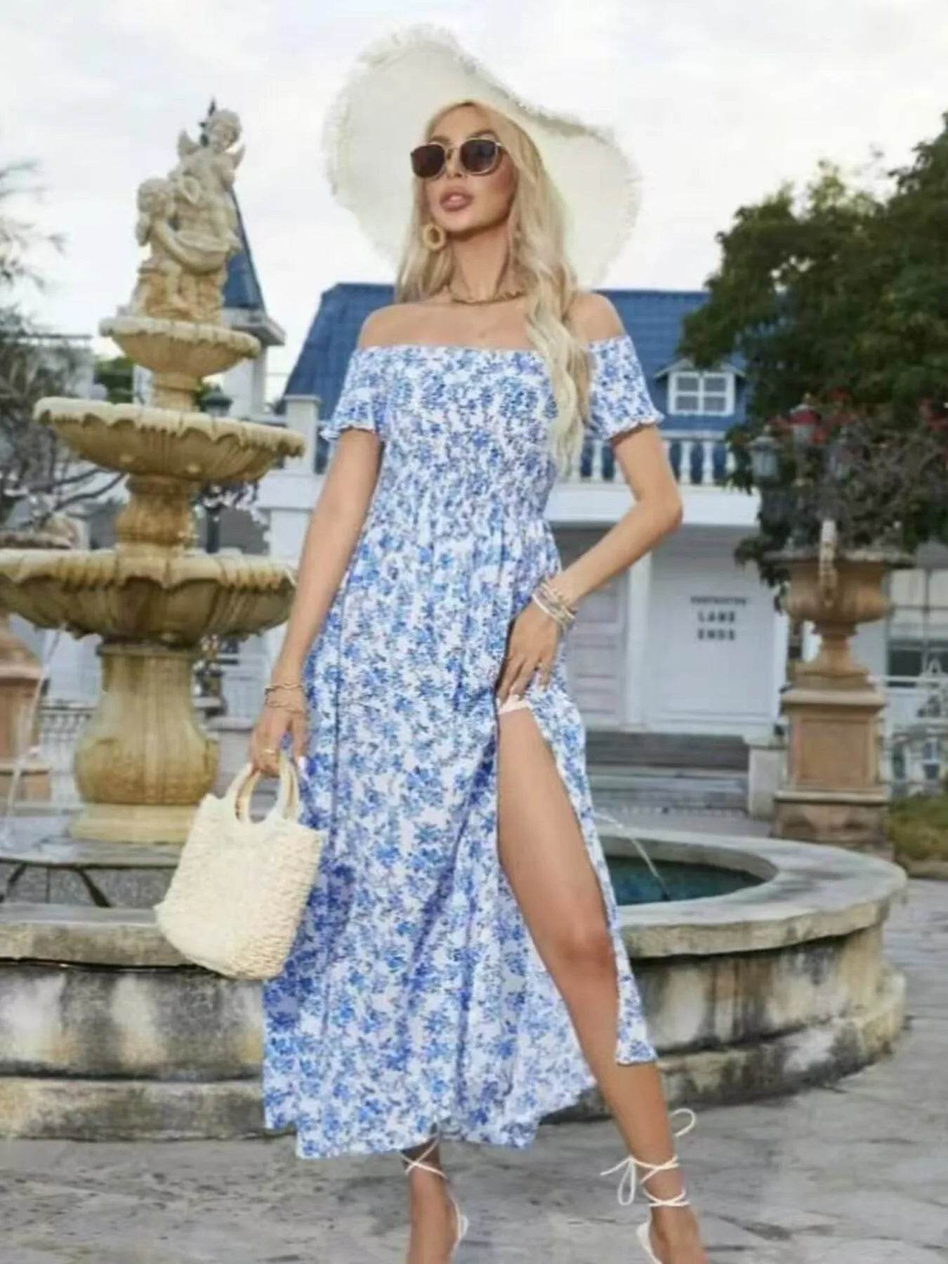 Full Size Slit Off-Shoulder Floral Midi Dress Plus Size - IntuitiveEncBoutique