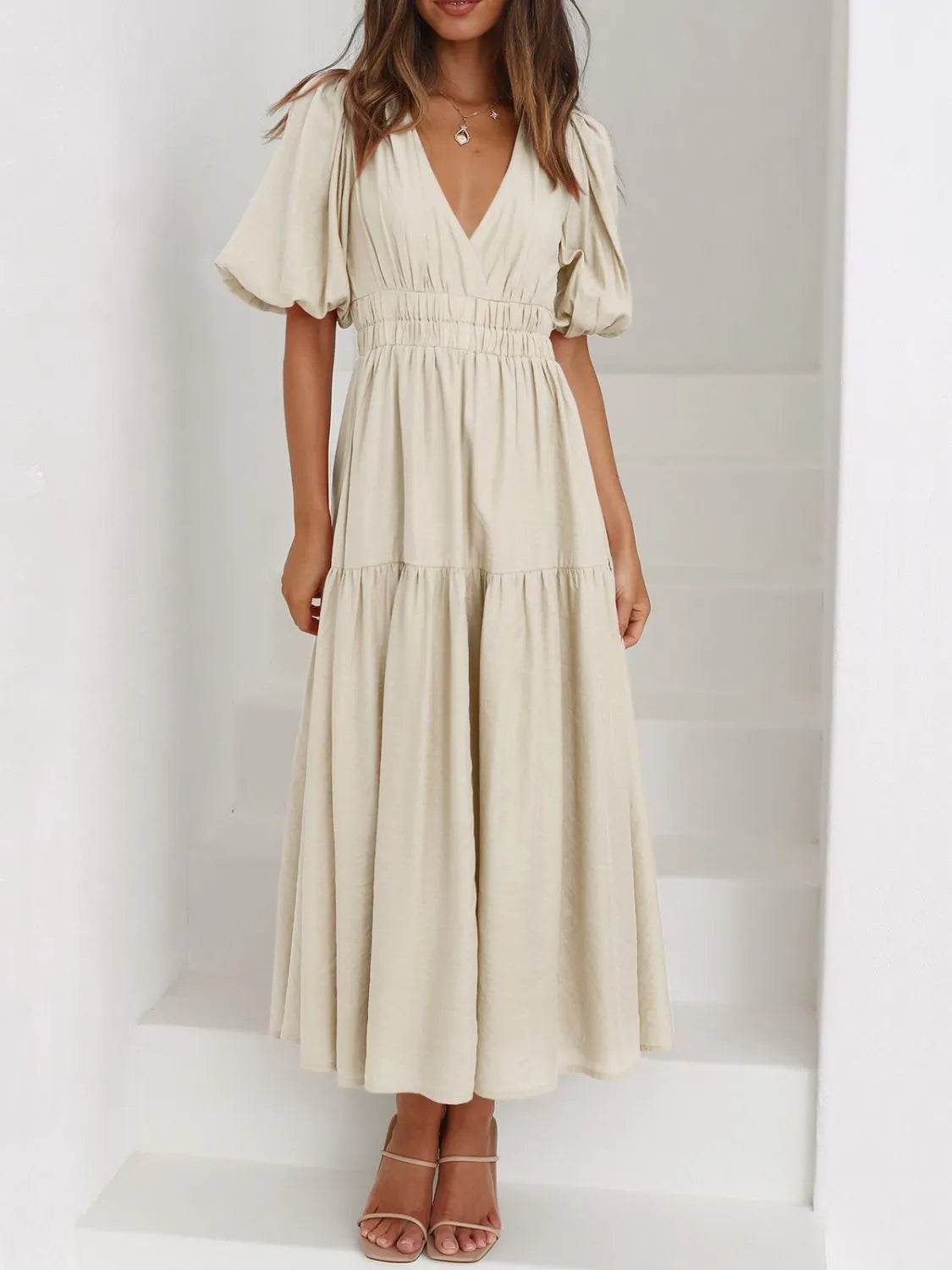 V-Neck Puff Sleeve Midi Dress - IntuitiveEncBoutique