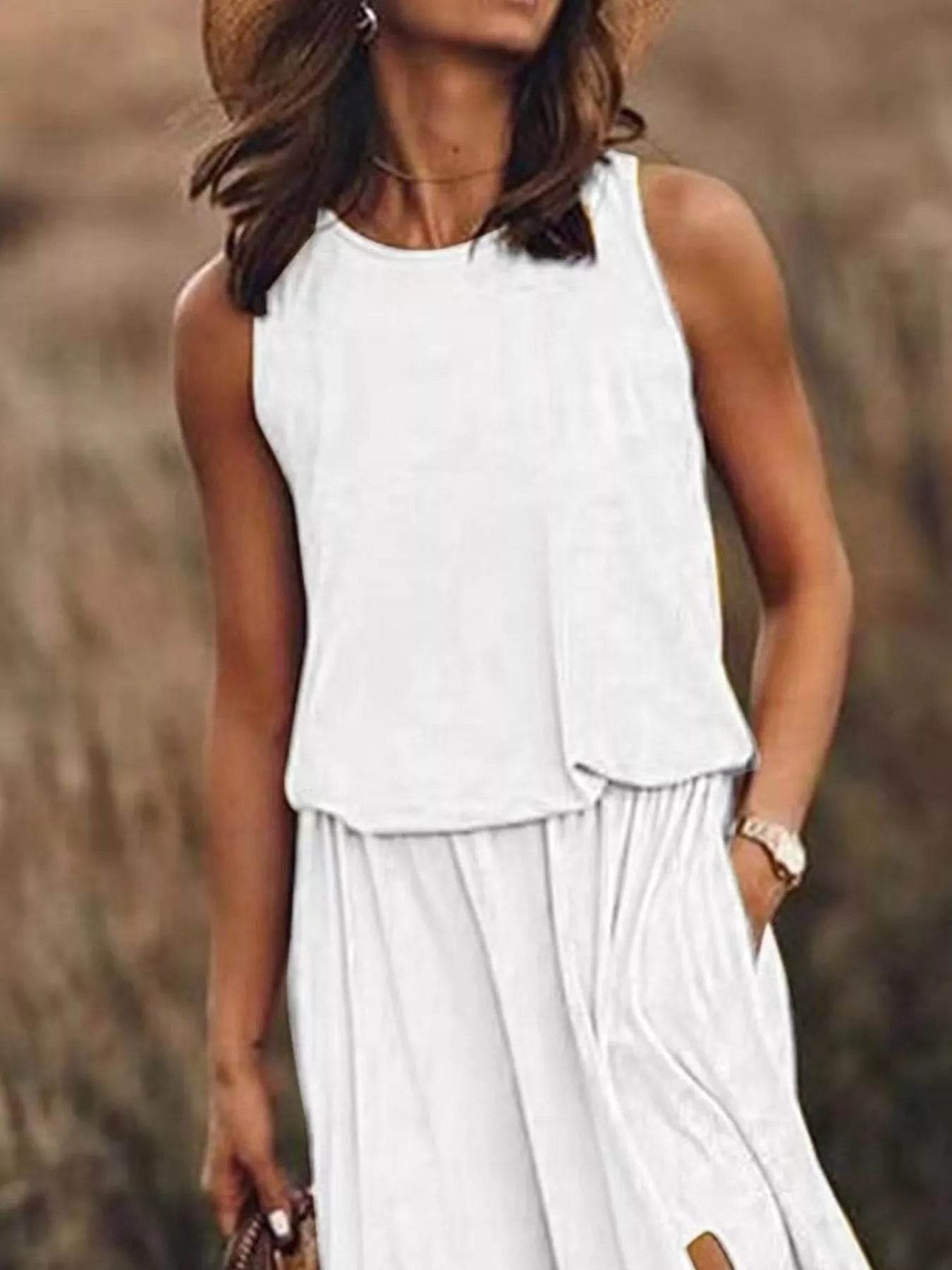 Full Size Round Neck Sleeveless Slit Maxi Dress Plus Size - IntuitiveEncBoutique
