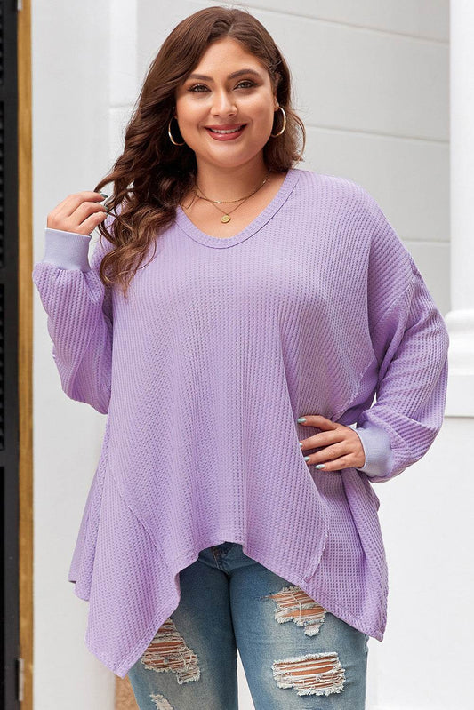 Orchid Petal Plus Size Waffle Knit Exposed Seam Flowy Top - IntuitiveEncBoutique