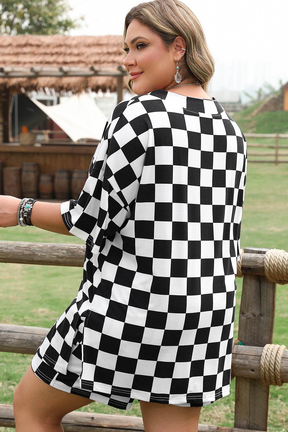 Black Checkered Pattern Tee and Shorts Plus Size Two Piece Set - IntuitiveEncBoutique