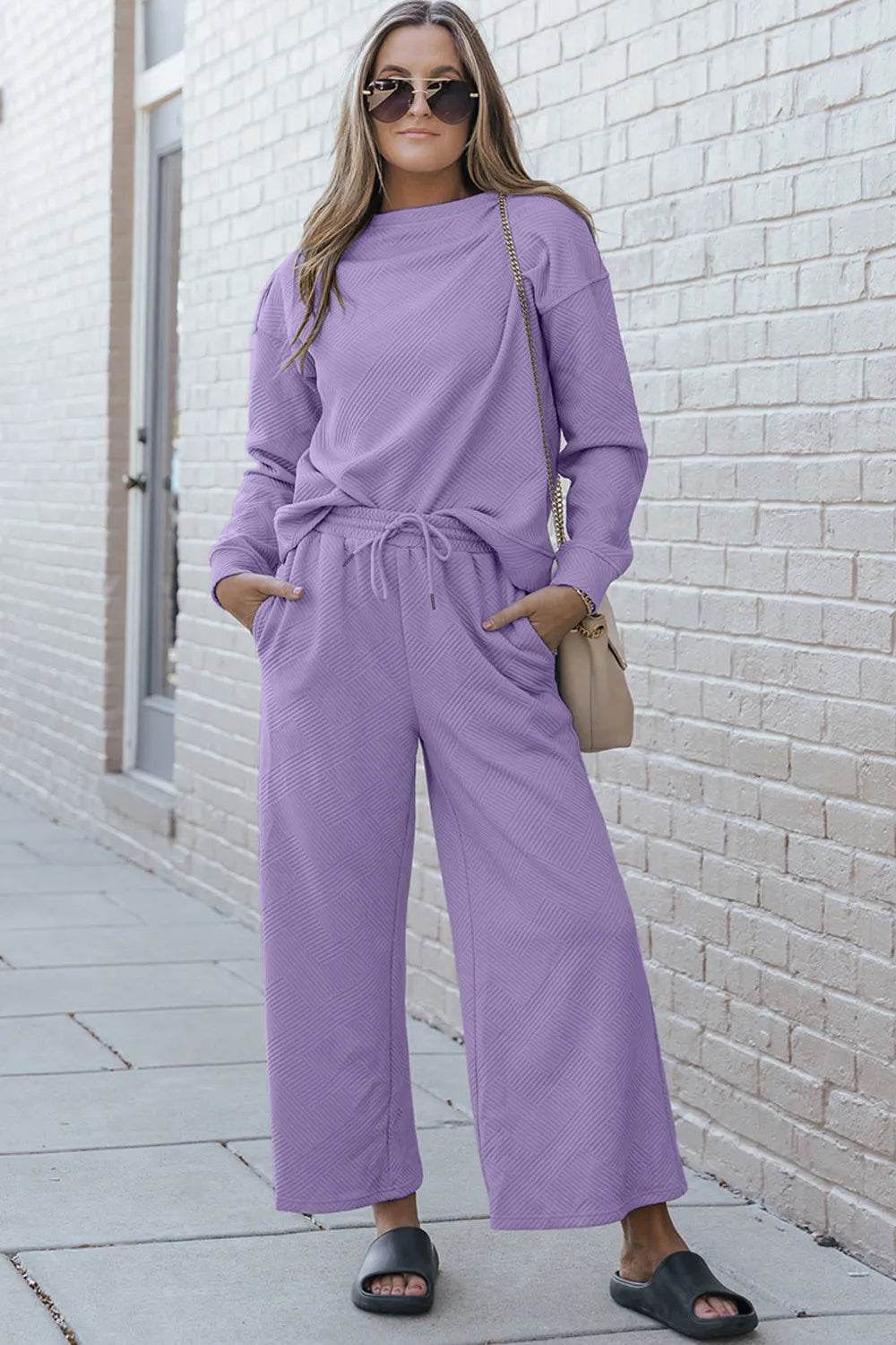 Double Take Full Size Textured Long Sleeve Top and Drawstring Pants Set - IntuitiveEncBoutique