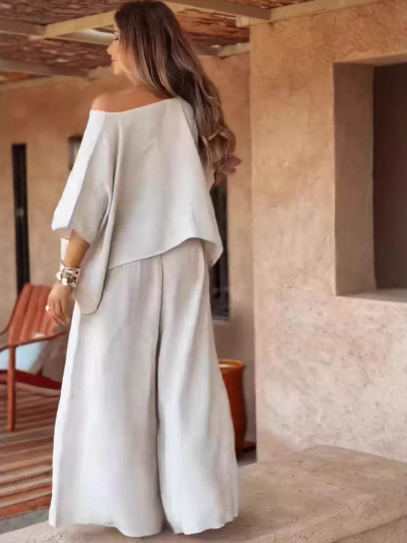 Full Size Boat Neck Top and Wide Leg Pants Set Plus Size - IntuitiveEncBoutique