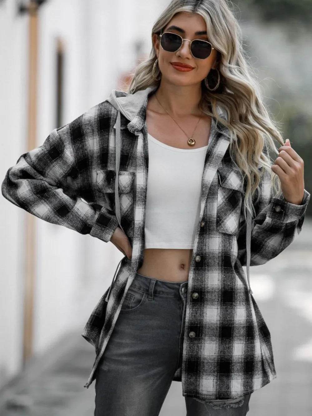 Double Take Drawstring Plaid Long Sleeve Hooded Shacket - IntuitiveEncBoutique