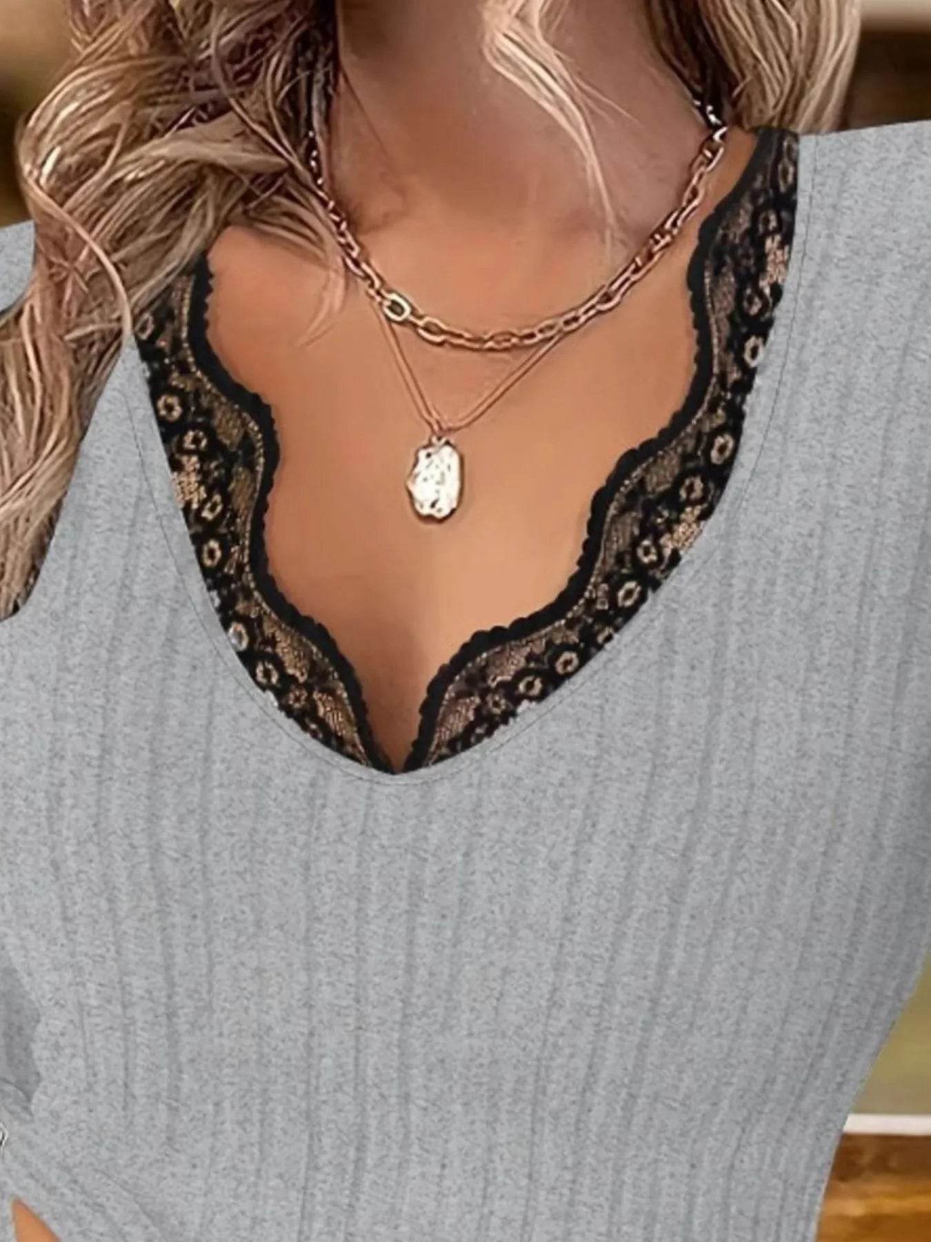 Full Size Ribbed V-Neck Lace Trim Long Sleeve T-Shirt Plus Size - IntuitiveEncBoutique