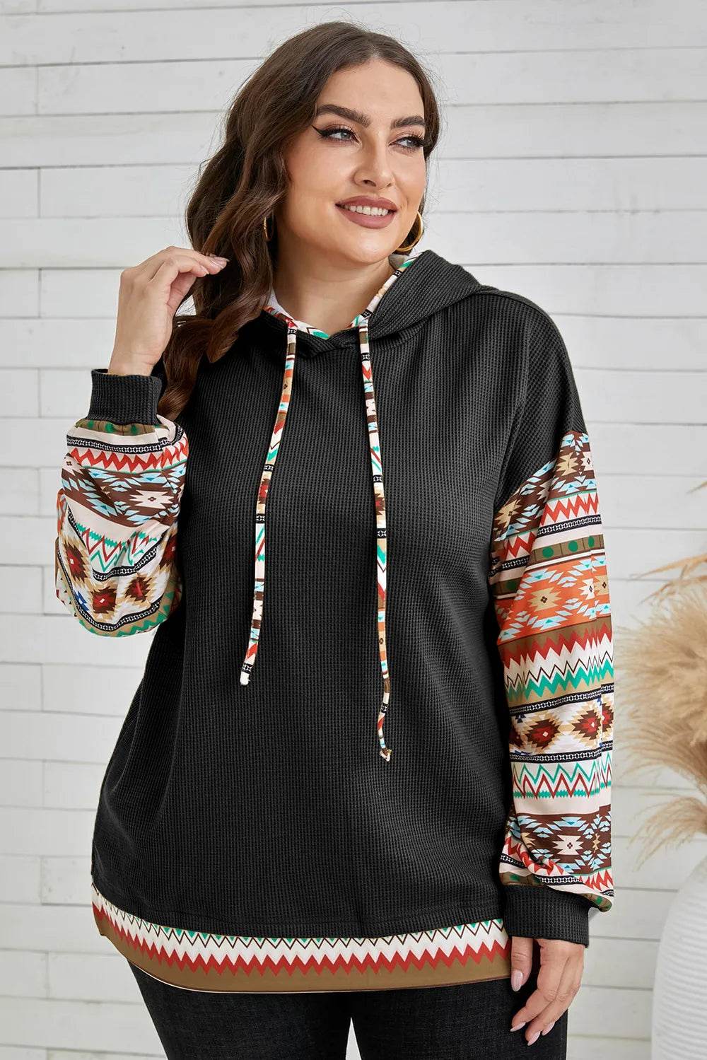 Plus Size Waffle-Knit Geometric Dropped Shoulder Hoodie - IntuitiveEncBoutique