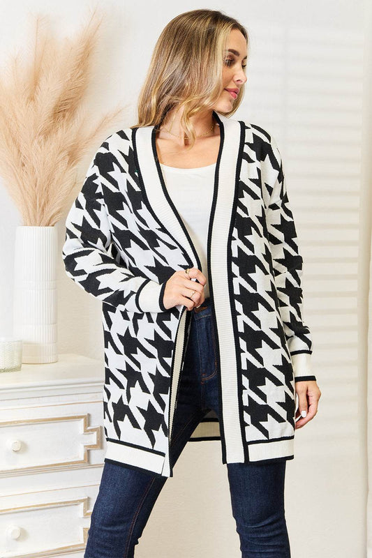 Mandy Woven Right Houndstooth Open Front Longline Cardigan - IntuitiveEncBoutique