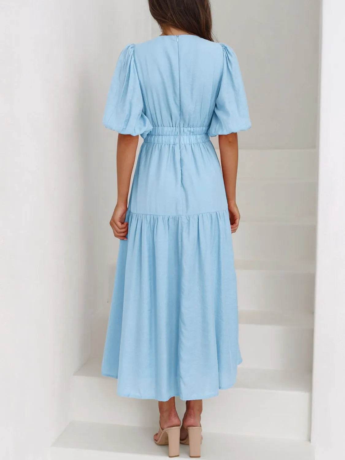 V-Neck Puff Sleeve Midi Dress - IntuitiveEncBoutique