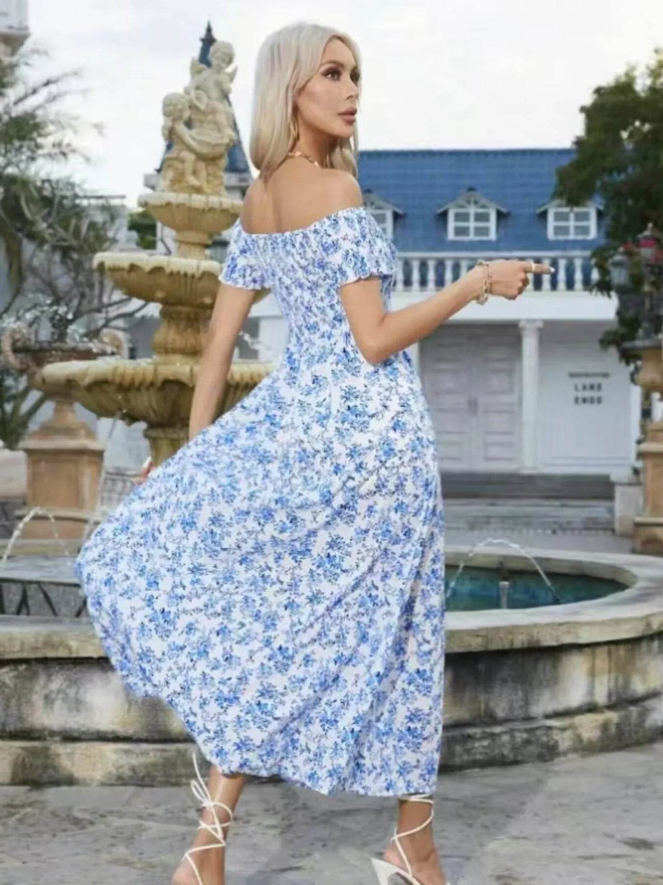 Full Size Slit Off-Shoulder Floral Midi Dress Plus Size - IntuitiveEncBoutique