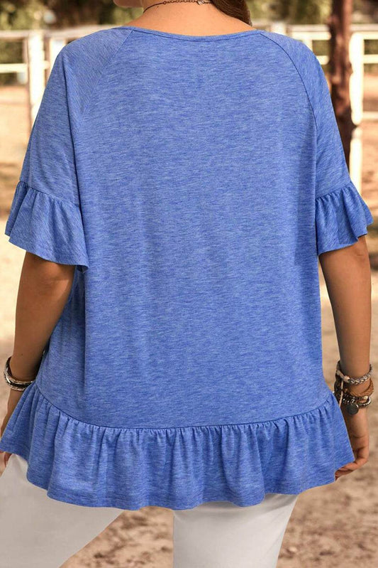 Dusk Blue Ruffled Short Sleeve Plus Size Casual Blouse - IntuitiveEncBoutique