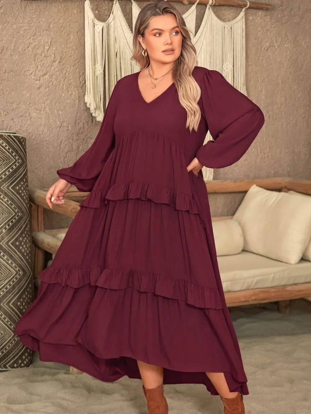 Plus Size Ruffled V-Neck Long Sleeve Dress - IntuitiveEncBoutique