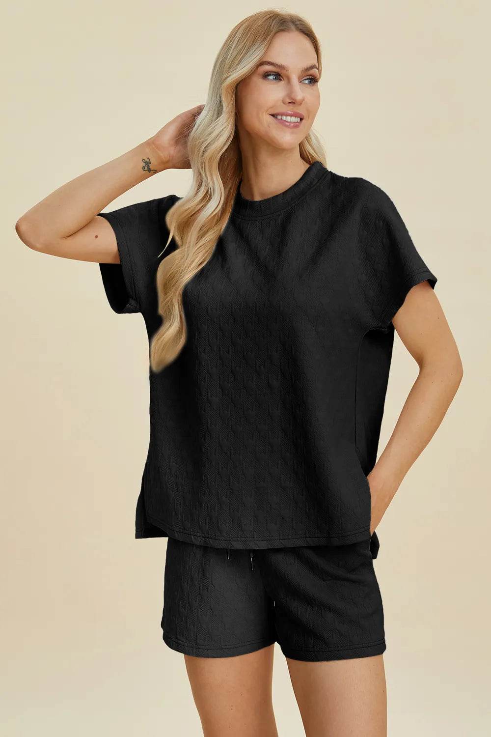 Double Take Full Size Texture Round Neck Short Sleeve Top and Shorts Set - IntuitiveEncBoutique