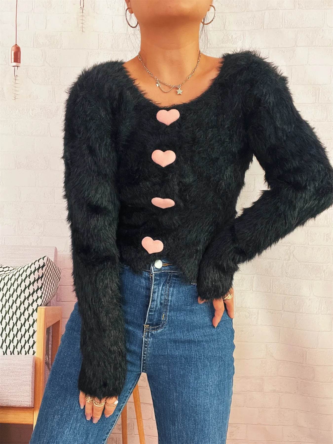 Fuzzy Heart Shape Button-Up Cardigan - IntuitiveEncBoutique
