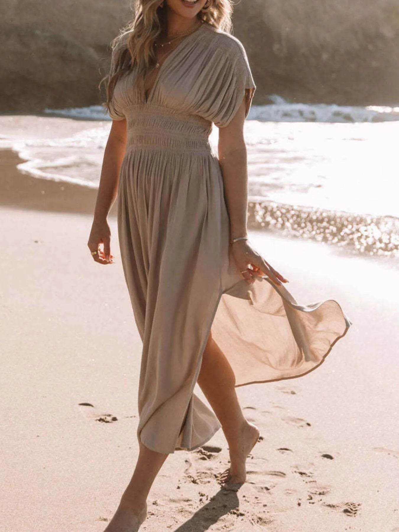 Full Size Deep V-Neck Maxi Dress with Side Slit Plus Size - IntuitiveEncBoutique