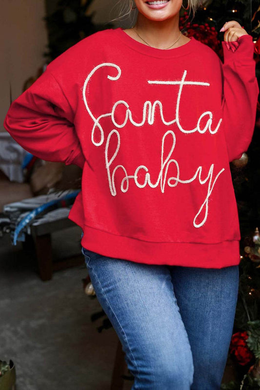 Fiery Red Plus Size Santa Baby Tinsel Crew Neck Sweatshirt - IntuitiveEncBoutique